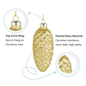 Set of 12 Gold Pine Cone Ornaments Hanging Pinecone Baubles Hanging Christmas Ornaments Blown Ornaments Glass Painted Pendants Christmas Halloween Decor Accessories Party Centerpieces