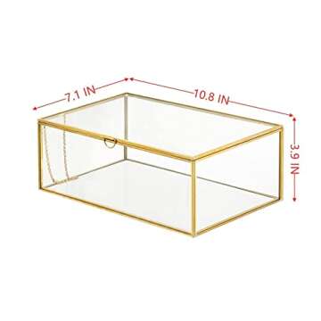 WHSLILR 10.8” Glass Jewelry Box Gold Card Box with Hinged Lid, Gold Keepsake Box for Storage Weddi...