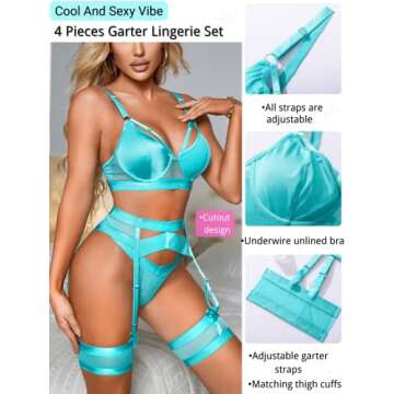 Kaei&Shi Garter Belt Thong Lingerie for Women,Strappy Hollow Out Sexy Lingerie,Underwire Mesh Sheer ...