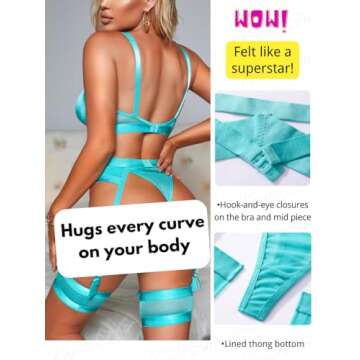 Kaei&Shi Garter Belt Thong Lingerie for Women,Strappy Hollow Out Sexy Lingerie,Underwire Mesh Sheer Matching 4 Piece Lingerie Set Boudoir Teal Blue Large