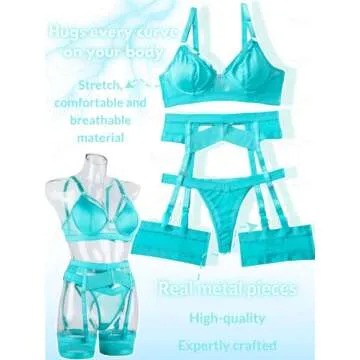 Kaei&Shi Garter Belt Thong Lingerie for Women,Strappy Hollow Out Sexy Lingerie,Underwire Mesh Sheer Matching 4 Piece Lingerie Set Boudoir Teal Blue Large