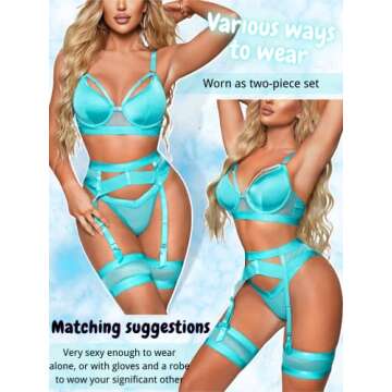 Kaei&Shi Garter Belt Thong Lingerie for Women,Strappy Hollow Out Sexy Lingerie,Underwire Mesh Sheer Matching 4 Piece Lingerie Set Boudoir Teal Blue Large