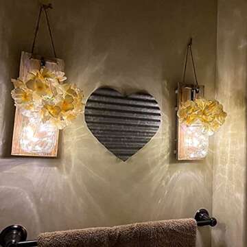 HOMKO Decorative Mason Jar Decorations with 6-Hour Timer LED Fairy Lights and Flowers - Rustic Home Decor (Set of 2)