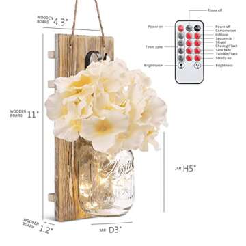 HOMKO Decorative Mason Jar Decorations with 6-Hour Timer LED Fairy Lights and Flowers - Rustic Home Decor (Set of 2)