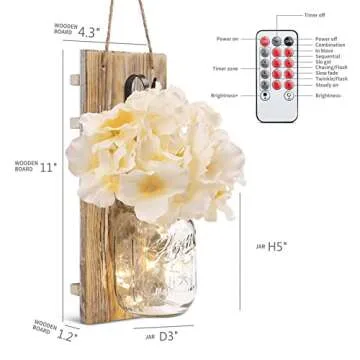 HOMKO Decorative Mason Jar Decorations with 6-Hour Timer LED Fairy Lights and Flowers - Rustic Home Decor (Set of 2)
