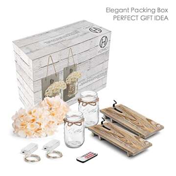 HOMKO Decorative Mason Jar Decorations with 6-Hour Timer LED Fairy Lights and Flowers - Rustic Home Decor (Set of 2)