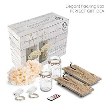 HOMKO Decorative Mason Jar Decorations with 6-Hour Timer LED Fairy Lights and Flowers - Rustic Home Decor (Set of 2)