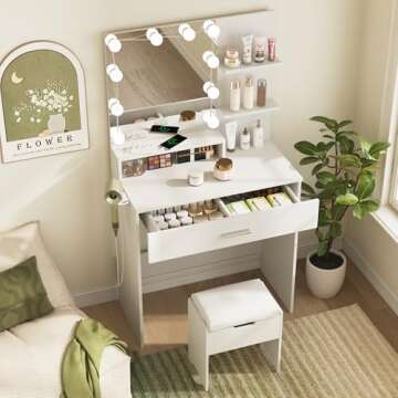 Vabches Makeup Vanity Table with Lighted Mirror & Power Strip, White Vanity Set, Lots Storage, 3 Lig...