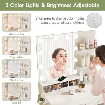 Vabches Makeup Vanity Table with Lighted Mirror & Power Strip, White Vanity Set, Lots Storage, 3 Lighting Modes, Brightness Adjustable, 31.5 * 15.75 * 57.7in, White