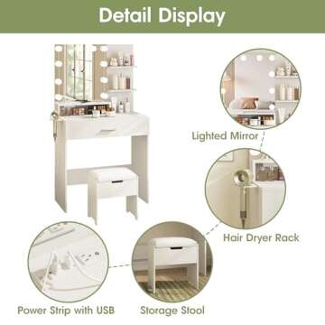 Vabches Makeup Vanity Table with Lighted Mirror & Power Strip, White Vanity Set, Lots Storage, 3 Lighting Modes, Brightness Adjustable, 31.5 * 15.75 * 57.7in, White