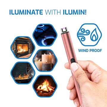 ilumin Premium Electric Arc Lighter, USB Rechargeable Candle Lighter with Power Indicator & Safety Switch, Wind Resistant Flameless Grill Lighter, Plasma Multipurpose Long Lighter for BBQ Electronic