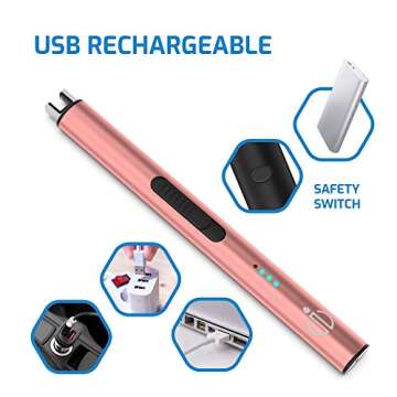 ilumin Premium Electric Arc Lighter, USB Rechargeable Candle Lighter with Power Indicator & Safety Switch, Wind Resistant Flameless Grill Lighter, Plasma Multipurpose Long Lighter for BBQ Electronic