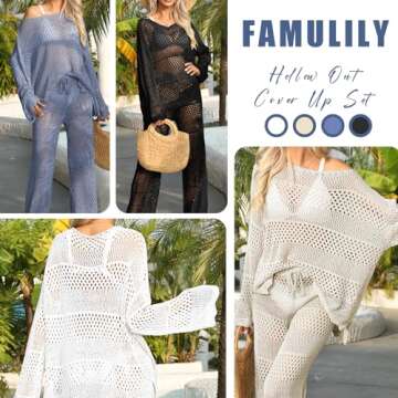 Famulily Women Bathing Suit Cover Up Solid Color Crochet Sets Crochet Long Sleeve Top Hollow Out Beach Cover Up Loungewear Set Khaki S