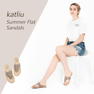 katliu Women's Flat Sandals Flip Flop Sandals Dressy Thong Sandals Leopard