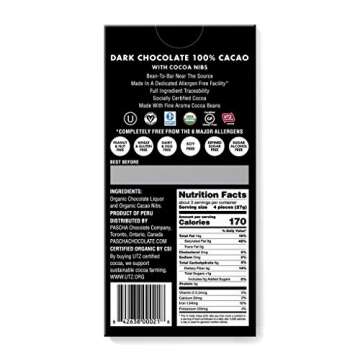 Pascha Organic Sugar Free Keto Dark Chocolate Bars (UTZ/Gluten Free & Non GMO/No Added Sugar), 100% ...