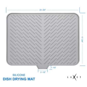 Luxet Silicone Dish Drying Mat with Built-in Drain Lip - Hygienic Drying Pad - Sturdy Compact Easy to Clean Tray Protects Surfaces Prevents Water Build Up - 23 X 17 (Grey)