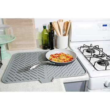 Luxet Silicone Dish Drying Mat with Built-in Drain Lip - Hygienic Drying Pad - Sturdy Compact Easy to Clean Tray Protects Surfaces Prevents Water Build Up - 23 X 17 (Grey)
