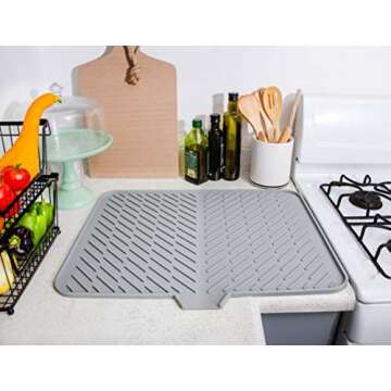 Luxet Silicone Dish Drying Mat with Built-in Drain Lip - Hygienic Drying Pad - Sturdy Compact Easy to Clean Tray Protects Surfaces Prevents Water Build Up - 23 X 17 (Grey)