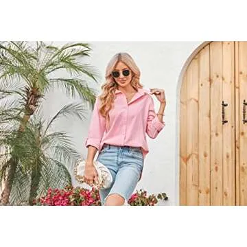 Karlywindow Womens Long Sleeve Button Down Cotton Linen Shirt Blouse Loose Fit Casual V-Neck Tops Pink