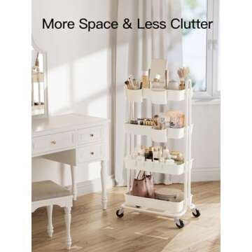 Pipishell 4-Tier Rolling Cart, Utility Cart with Lockable Casters, PP Plastic Storage Baskets, Hanging Cups & Hooks, Rolling Cart for Living Room, Bedroom, Kitchen, Bathroom, Art Studio(White)