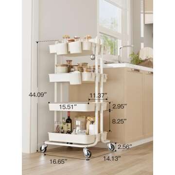Pipishell 4-Tier Rolling Cart, Utility Cart with Lockable Casters, PP Plastic Storage Baskets, Hanging Cups & Hooks, Rolling Cart for Living Room, Bedroom, Kitchen, Bathroom, Art Studio(White)