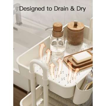 Pipishell 4-Tier Rolling Cart, Utility Cart with Lockable Casters, PP Plastic Storage Baskets, Hanging Cups & Hooks, Rolling Cart for Living Room, Bedroom, Kitchen, Bathroom, Art Studio(White)