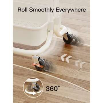 Pipishell 4-Tier Rolling Cart, Utility Cart with Lockable Casters, PP Plastic Storage Baskets, Hanging Cups & Hooks, Rolling Cart for Living Room, Bedroom, Kitchen, Bathroom, Art Studio(White)