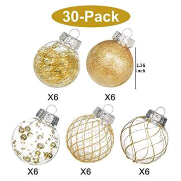 Clear Christmas Ball Ornaments, 30ct 2.36" Gold Shatterproof Xmas Ball Decorations Set Decorative Hanging Ornaments for Christmas Tree Home Office Decor Gift for Christmas Party Wedding
