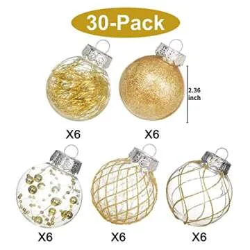Clear Christmas Ball Ornaments, 30ct 2.36" Gold Shatterproof Xmas Ball Decorations Set Decorative Hanging Ornaments for Christmas Tree Home Office Decor Gift for Christmas Party Wedding