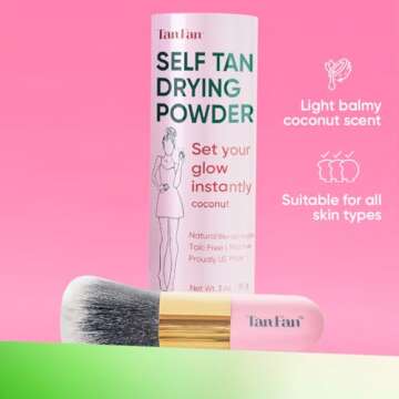 Tan Fan Self Tan Drying Powder Kit - Stops Sticky Feeling - Sets Sunless Tanner - 100% Vegan Talc-Free Translucent Natural Blend Setting w Brush + Pouch For Smooth Silky Skin - USA Made (Coconut 3oz)