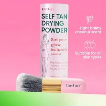 Tan Fan Self Tan Drying Powder Kit - Stops Sticky Feeling - Sets Sunless Tanner - 100% Vegan Talc-Free Translucent Natural Blend Setting w Brush + Pouch For Smooth Silky Skin - USA Made (Coconut 3oz)