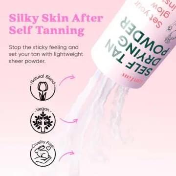 Tan Fan Self Tan Drying Powder Kit - Stops Sticky Feeling - Sets Sunless Tanner - 100% Vegan Talc-Free Translucent Natural Blend Setting w Brush + Pouch For Smooth Silky Skin - USA Made (Coconut 3oz)