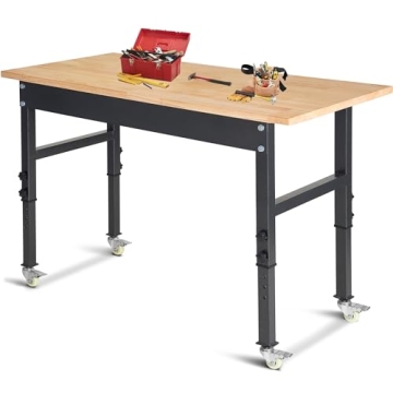 48" Adjustable Work Bench, Rubber Wood Top Workbench Heavy-Duty Work Table with Wheels, 2000 LBS Loa...
