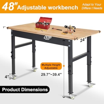 48 Inch Adjustable Workbench with Power Outlet and Wheels