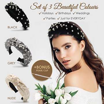 Velvet Pearl Turban Headbands - 3 Piece Set with Clip