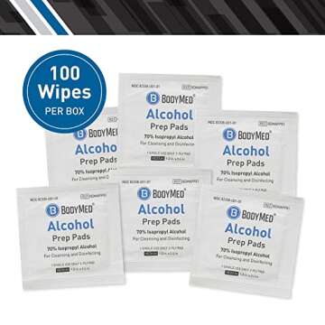 BodyMed Alcohol Prep Pads with 70% Isopropyl Alcohol, 100 Count - Individually Wrapped 1.2 in. x 2.4 in. Wipes - Great for Medical & First Aid Kits - Sterile, 2-Ply Swabs