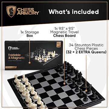 Chess Armory Magnetic 9.5 Inches Travel Chess Set - Folding Board with Storage Box & 2 Extra Queen