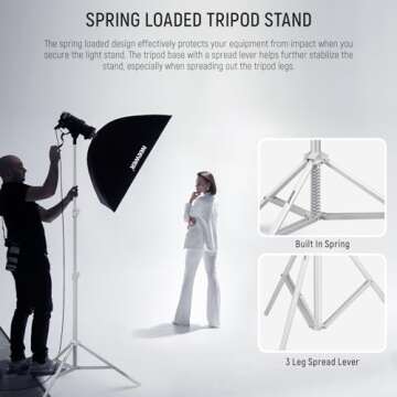 NEEWER Photography Light Stand 2.85-6.6ft/87-200cm, Spring Loaded Aluminum Tripod Stand with ø28mm Thicker Tube Diameter for Ring Light/LED Light/Strobe Flash/Softbox, Max Load 22lbs, ST-200 White