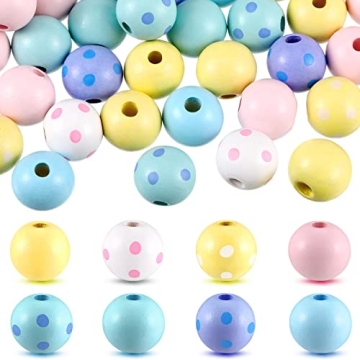 160 Pieces Easter Wood Beads Craft Farmhouse Wooden Beads Colorful Pastel Beads Round Polka Dot Loos...