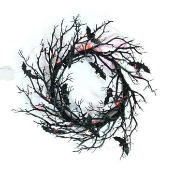 Fun Express Halloween 26" Light Up Black Bat Plastic Wreath Decoration, Great for Halloween and Goth...