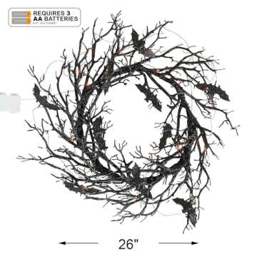Fun Express Halloween 26" Light Up Black Bat Plastic Wreath Decoration, Great for Halloween and Gothic Decor, Add Front Door, Wall or Mantle Ambiance