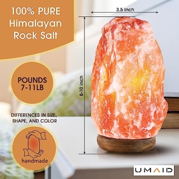 UMAID Himalayan Salt Lamp 8-10 inch (7-11 lb) with Dimmable Switch and Night Light Bulb on Handcrafted Wooden Base, Natural Pink Rock Salt Lamp