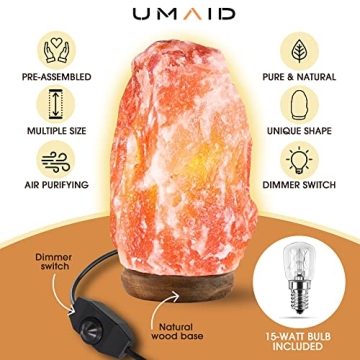 UMAID Himalayan Salt Lamp 8-10 inch (7-11 lb) with Dimmable Switch and Night Light Bulb on Handcrafted Wooden Base, Natural Pink Rock Salt Lamp