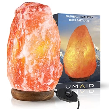 UMAID Himalayan Salt Lamp 8-10 inch (7-11 lb) with Dimmable Switch and Night Light Bulb on Handcrafted Wooden Base, Natural Pink Rock Salt Lamp