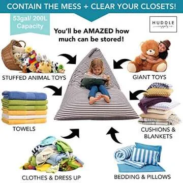 HUDDLE Original Stuffed Animal Bean Bag Storage Extra Large Designer Beanbag Chairs for Kids Teens & Adults | Instant Clutter Clear for Stylish Moms - Stuffed Animal Storage Bean Bag Chair Grey Stripe