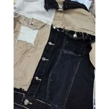 Women 's Patchwork Denim Coat, Vintage Color Block Distressed Jeans Jackets Long Sleeve Button Down Jeans Coat Winter Warm (Black, Large)