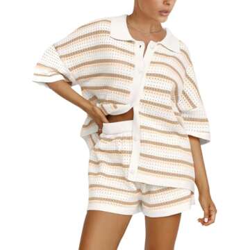 Tankaneo Womens Knit 2 Piece Pajama Sets Color Block Striped Short Sleeve Button Top and Shorts Crochet Lounge Sets Khaki