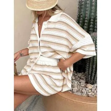 Tankaneo Womens Knit 2 Piece Pajama Sets Color Block Striped Short Sleeve Button Top and Shorts Crochet Lounge Sets Khaki