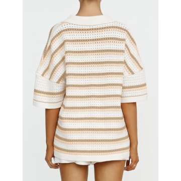 Tankaneo Womens Knit 2 Piece Pajama Sets Color Block Striped Short Sleeve Button Top and Shorts Crochet Lounge Sets Khaki