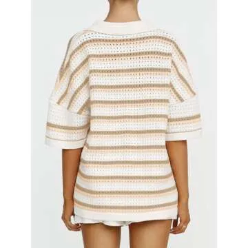 Tankaneo Womens Knit 2 Piece Pajama Sets Color Block Striped Short Sleeve Button Top and Shorts Crochet Lounge Sets Khaki